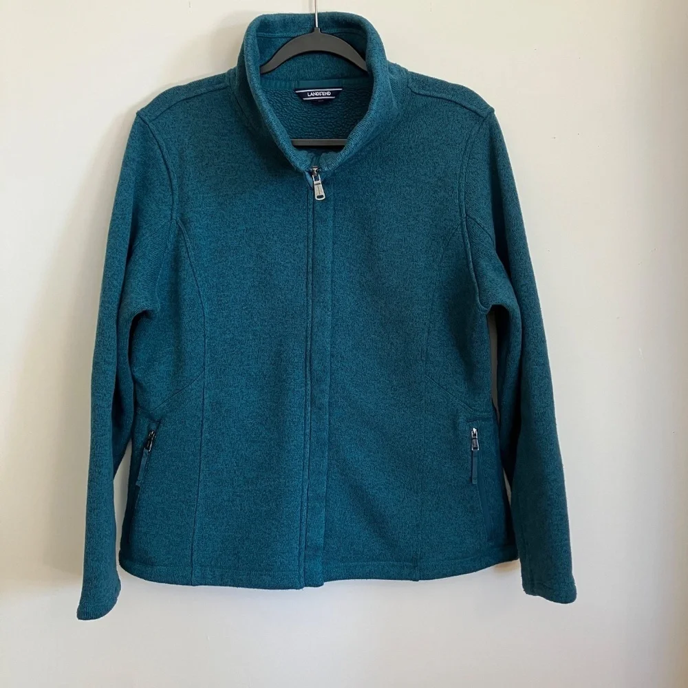 Lands End Sweater Fleece Jacket - Dark Teal Heather